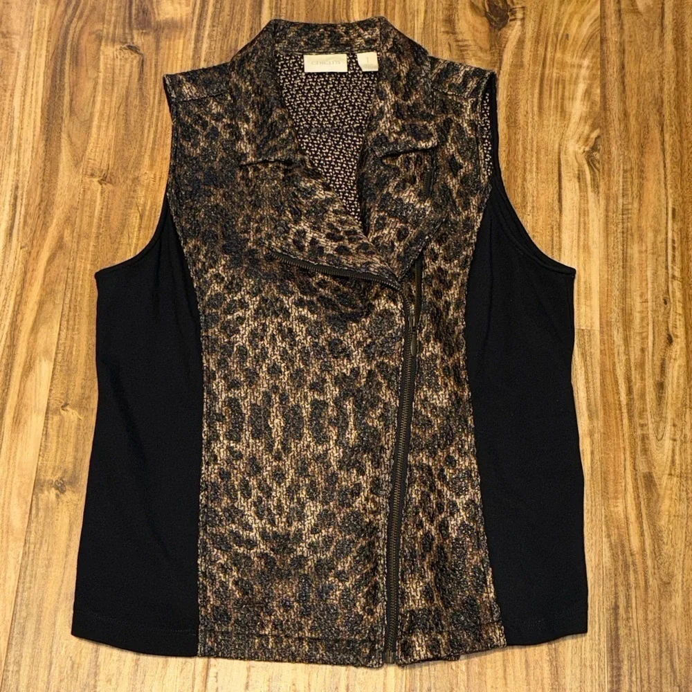 Chico's women vest medium 8 Leopard cheetah Zip-Front Vest Black Brown tan top